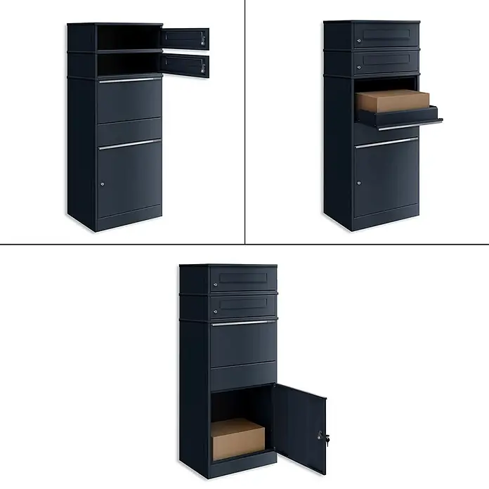 Metzler Paketbox 2 BRFK BISPO - L x B x H: 37,4 x 50,3 x 130,3 cm, Anthrazit, Stahl, Paketfach, 2 Briefkastenfächer - Dunkelblauer Paketbriefkasten aus Metall mit offenen Fächern, der Briefschlitze und eine Paketanlieferung zeigt.