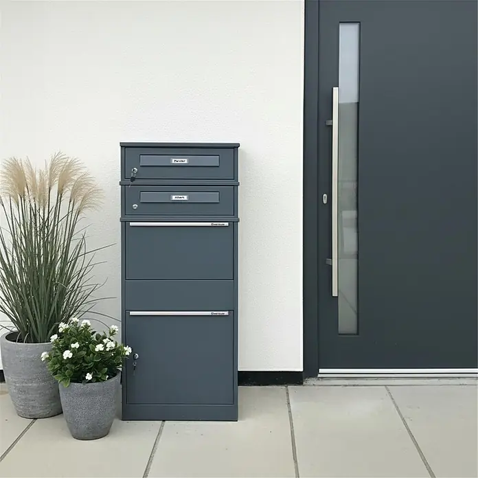 Metzler Paketbox 2 BRFK BISPO RE - L x B x H: 37,4 x 50,3 x 130,3 cm, Anthrazit, Stahl, Namensschild, Mit 2 Briefkastenfächern und Namensschildern - Hohe dunkelgraue Brief- und Paketbox mit mehreren Fächern, neben moderner Tür und Pflanzen.