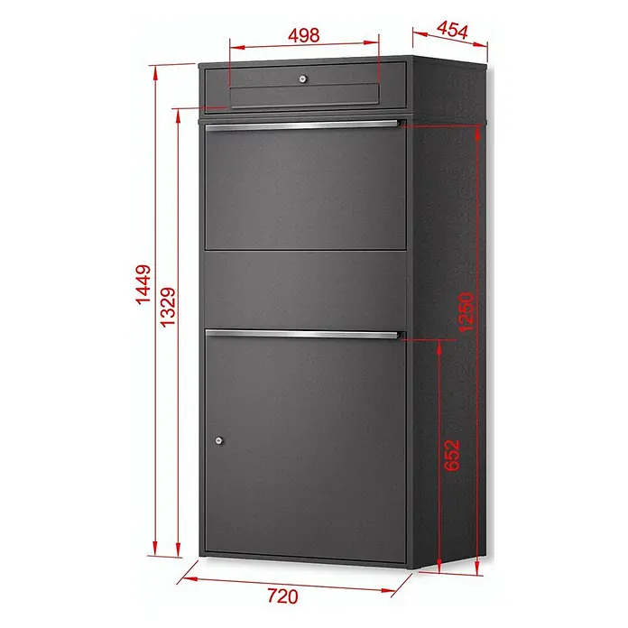 Metzler Paketbox XL BRFK BISPO MAX - L x B x H: 45,4 x 72 x 145 cm, Eisenglimmer, Stahl, Paketfach - Technisches Zeichnung eines dunkelgrauen Paket- und Briefkastens aus Metall, mit mehreren Fächern, Einwurfschlitz und Maßen.