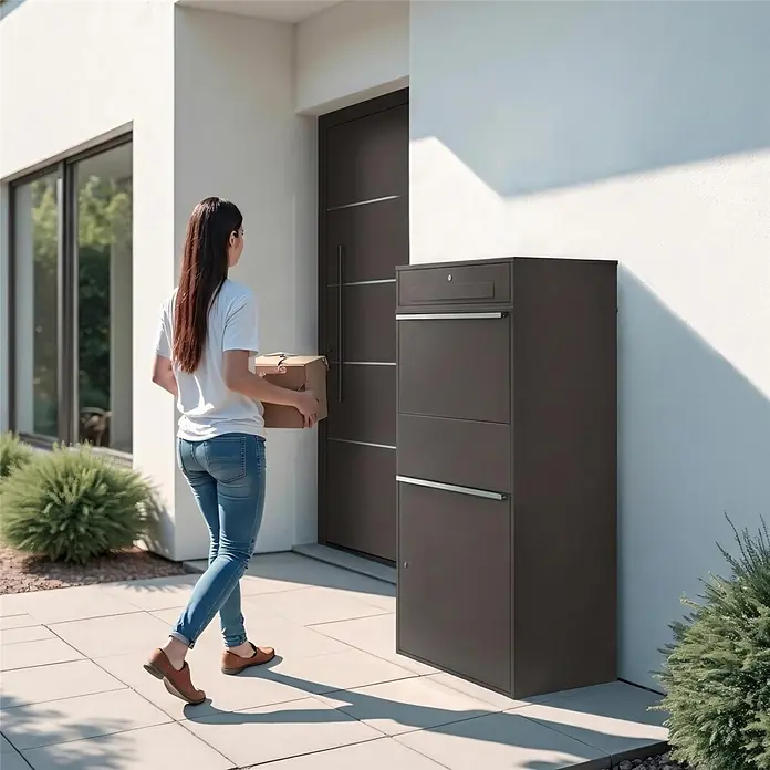 Metzler Paketbox XL BRFK BISPO MAX - L x B x H: 45,4 x 72 x 145 cm, Eisenglimmer, Stahl, Paketfach - Dunkelgrauer Paketkasten aus Metall am modernen Hauseingang. Eine Frau nähert sich mit einem Paket, das seine Nutzung zeigt.