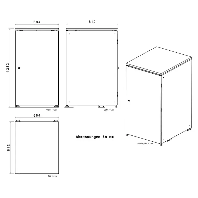 Metzler Paketbox XXL BEN - L x B x H: 81,2 x 68,4 x 123,3 cm, Anthrazit, Stahl - Technische Zeichnung eines rechteckigen Schranks mit Ansichten und Abmessungen: 1232x684x812 mm (HxBxT).