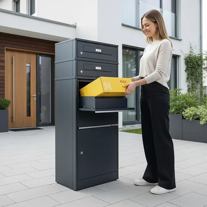 Metzler Paketbox 2 BRFK BISPO RE - L x B x H: 37,4 x 50,3 x 130,3 cm, Anthrazit, Stahl, Namensschild, Mit 2 Briefkastenfächern und Namensschildern - Anthrazitfarbene Paket- und Briefkastenanlage. Eine Frau legt ein gelbes Paket in das Paketfach.