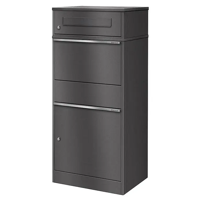 Metzler Paketbox BRFK BISPO - L x B x H: 37,4 x 50,3 x 112,9 cm, Eisenglimmer, Stahl, Paketfach - Anthrazitfarbener Paketbriefkasten mit Einwurfschlitz, zwei Fächern und Schloss.