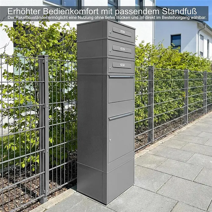 Metzler Paketbox 3 BRFK BISPO RE - L x B x H: 37,4 x 50,3 x 147,7 cm, Graualuminium, Stahl, Namensschild, 3 Briefkastenfächer und Namensschildern - Hoher, dunkelgrauer Paketboxständer mit passendem Standfuß und mehreren Fächern, für bequemen, rückenfreundlichen Zugriff.