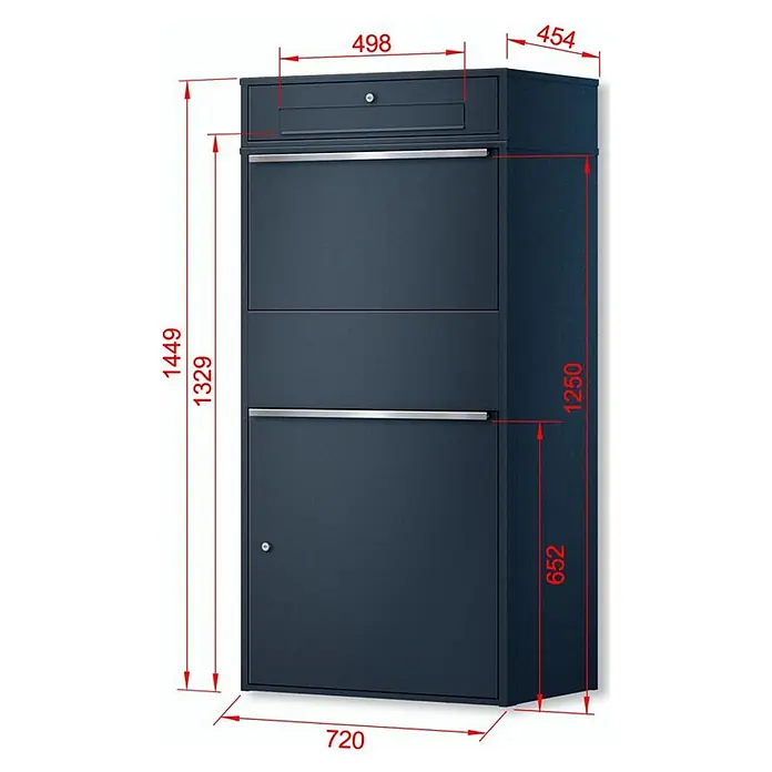 Metzler Paketbox XL BRFK BISPO MAX - L x B x H: 45,4 x 72 x 145 cm, Anthrazit, Stahl, Paketfach - Hoher, dunkelgrauer Mehrfach-Briefkasten mit abschließbarem Briefeinwurf und Paketfach, Maße dargestellt.