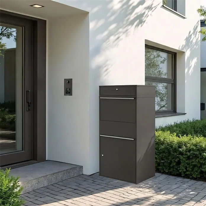 Metzler Paketbox XL BRFK BISPO MAX - L x B x H: 45,4 x 72 x 145 cm, Eisenglimmer, Stahl, Paketfach - Dunkelgraue Paketbriefkasten mit mehreren Fächern am modernen Hauseingang für Post und Pakete.
