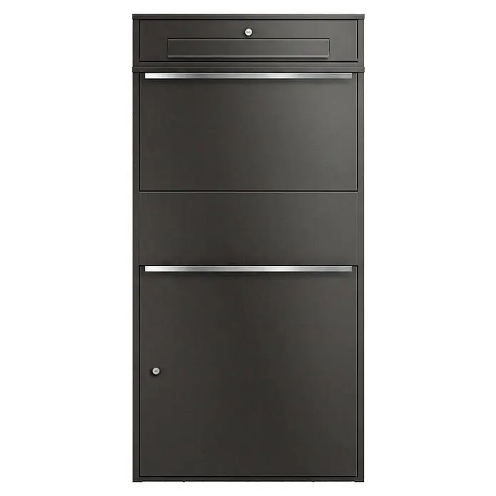 Metzler Paketbox XL BRFK BISPO MAX - L x B x H: 45,4 x 72 x 145 cm, Eisenglimmer, Stahl, Paketfach - Dunkelgrauer Metall-Briefkasten mit mehreren Fächern, Einwurfschlitz, zwei Silberleisten und Schlössern. Modernes Design.