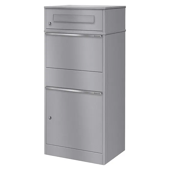 Metzler Paketbox BRFK BISPO - L x B x H: 37,4 x 50,3 x 112,9 cm, Graualuminium, Stahl, Paketfach - Eine hohe, silbergraue Metall-Briefkasten- und Paketbox-Kombination mit Einwurfschlitz und zwei abschließbaren Fächern.