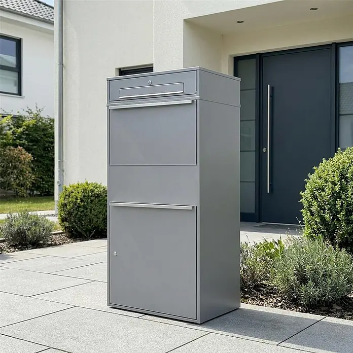Metzler Paketbox XL BRFK BISPO MAX - L x B x H: 45,4 x 72 x 145 cm, Graualuminium, Stahl, Paketfach - Hoher, moderner grauer Paketbriefkasten mit mehreren Fächern, vor einem Haus für Post- und Paketlieferungen.
