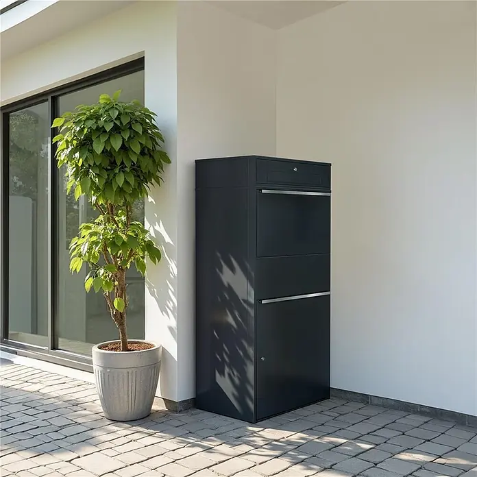 Metzler Paketbox XL BRFK BISPO MAX - L x B x H: 45,4 x 72 x 145 cm, Anthrazit, Stahl, Paketfach - Anthrazitfarbener Paketbriefkasten mit mehreren Fächern und silbernen Griffen, für Post- und Paketlieferungen im Außenbereich.