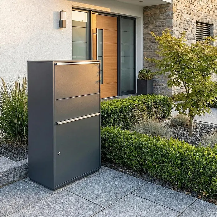 Metzler Paketbox XL BISPO MAX - L x B x H: 45,4 x 72 x 128,5 cm, Anthrazit, Stahl, Paketfach - Dunkelgrauer Metall-Paketkasten auf einer Terrasse vor einem modernen Haus, umgeben von Landschaftsgestaltung.