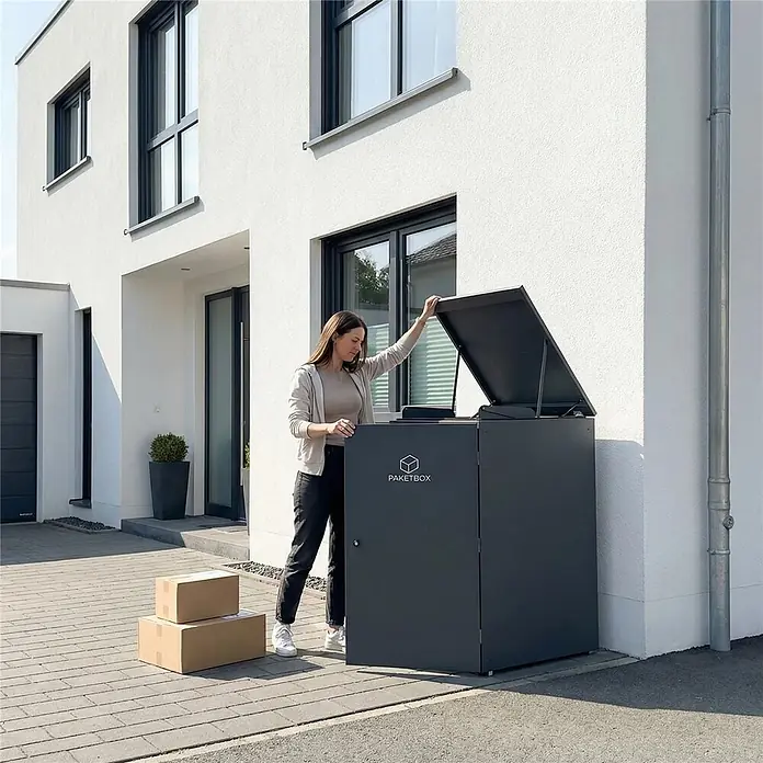 Metzler Paketbox XXL BEN - L x B x H: 81,2 x 68,4 x 123,3 cm, Anthrazit, Stahl - Dunkelgraue Paketbox, eine große Outdoor-Paketannahmebox, wird von einer Frau neben einem Haus mit Paketen geöffnet.