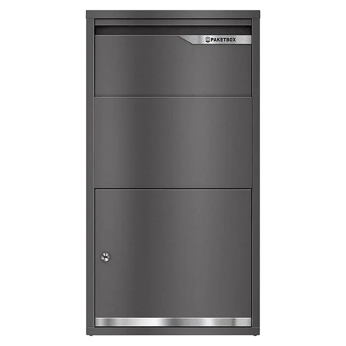Metzler Paketbox Avalon 3 - L x B x H: 22 x 44 x 82,2 cm, Eisenglimmer, Stahl, Paketfach, Fassungsvermögen: 34 l - Dunkelgraue Metall-Paketbox mit obenliegendem Briefschlitz, 'PAKETBOX'-Beschriftung und abschließbarem Fach unten mit Silberleiste.