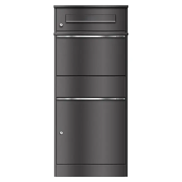 Metzler Paketbox BRFK BISPO - L x B x H: 37,4 x 50,3 x 112,9 cm, Eisenglimmer, Stahl, Paketfach - Dunkelgrauer Metall-Mehrfächerbriefkasten mit Einwurfschlitz, zwei Schlüssellöchern und silbernen Akzenten.