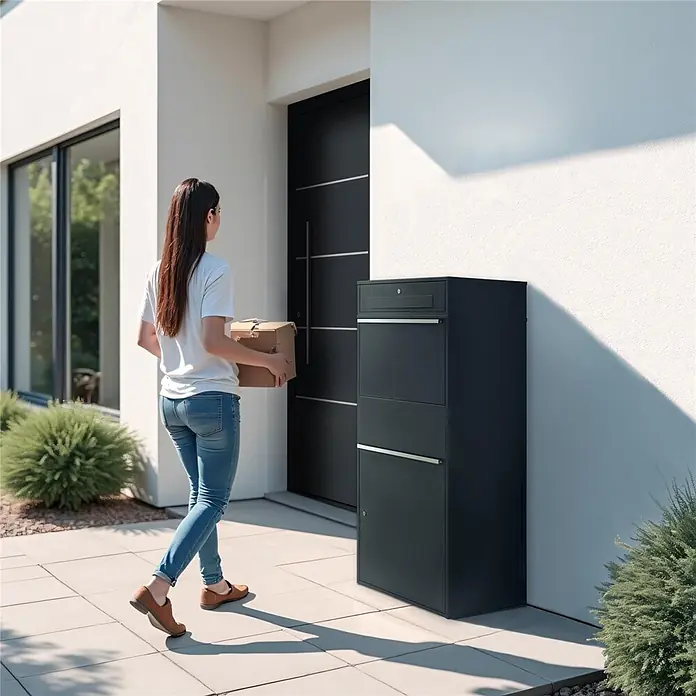 Metzler Paketbox XL BRFK BISPO MAX - L x B x H: 45,4 x 72 x 145 cm, Anthrazit, Stahl, Paketfach - Dunkelgraue Paketbox für Hauslieferungen neben einem modernen Hauseingang, eine Person nähert sich mit einem Paket.