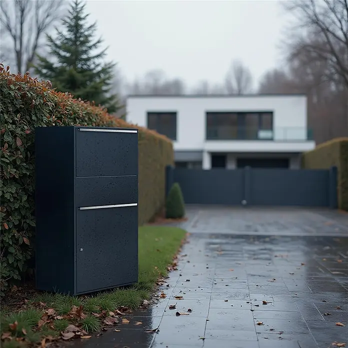 Metzler Paketbox XL BISPO MAX - L x B x H: 45,4 x 72 x 128,5 cm, Anthrazit, Stahl, Paketfach - Dunkelgrauer Paketbriefkasten mit silbernen Akzenten, neben einer Hecke am Eingang eines modernen Hauses.