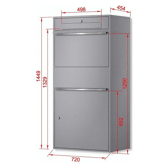 Metzler Paketbox XL BRFK BISPO MAX - L x B x H: 45,4 x 72 x 145 cm, Graualuminium, Stahl, Paketfach - Grauer Metall-Schrank mit mehreren Fächern, Schublade oben und abschließbarer Tür unten, Maße sind angegeben.