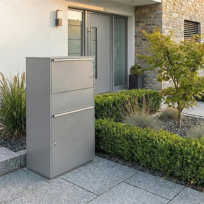 Metzler Paketbox XL BISPO MAX - L x B x H: 45,4 x 72 x 128,5 cm, Graualuminium, Stahl, Paketfach - Schlanker grauer Metall-Paketbriefkasten vor einem modernen Hauseingang.