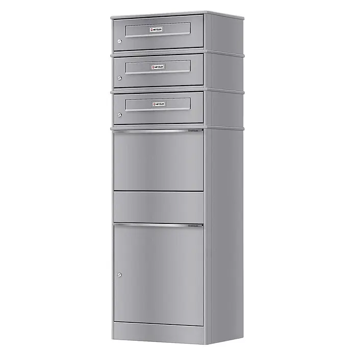 Metzler Paketbox 3 BRFK BISPO RE - L x B x H: 37,4 x 50,3 x 147,7 cm, Graualuminium, Stahl, Namensschild, 3 Briefkastenfächer und Namensschildern - Hohes, silbernes Mehrfach-Briefkastensystem mit drei Postschlitzen und zwei großen Paketfächern aus glattem Metall.