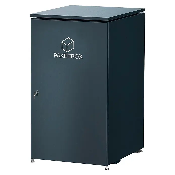Metzler Paketbox XXL BEN - L x B x H: 81,2 x 68,4 x 123,3 cm, Anthrazit, Stahl - Dunkelgraue Paketbox mit Kistensymbol, 'PAKETBOX'-Schriftzug und Schlüssel im Schloss.