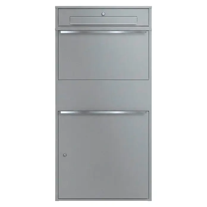 Metzler Paketbox XL BRFK BISPO MAX - L x B x H: 45,4 x 72 x 145 cm, Graualuminium, Stahl, Paketfach - Hoher grauer Metallbriefkasten mit obenliegendem Einwurf und zwei abschließbaren Fächern.