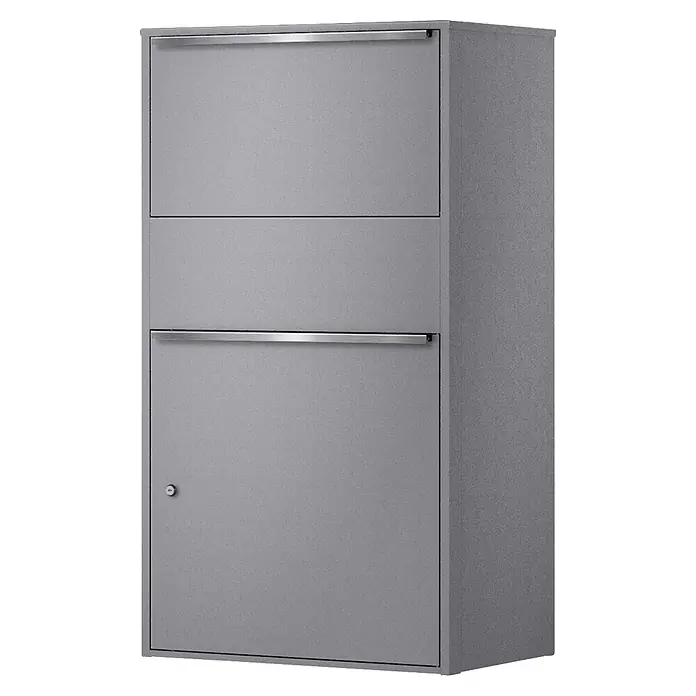 Metzler Paketbox XL BISPO MAX - L x B x H: 45,4 x 72 x 128,5 cm, Graualuminium, Stahl, Paketfach - Hoher, grauer Metall-Paketbriefkasten mit zwei oberen Einwurfschlitzen und einer abschließbaren unteren Tür für Pakete.