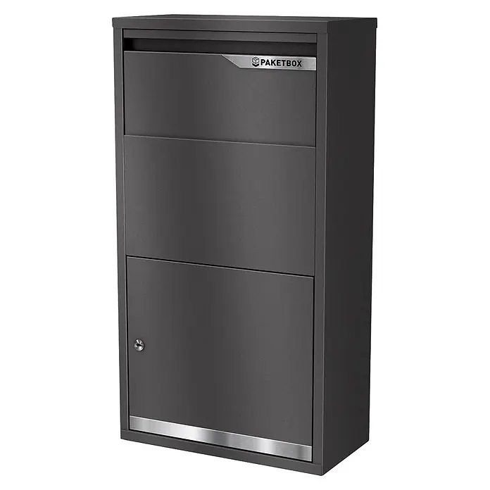 Metzler Paketbox Avalon 3 - L x B x H: 22 x 44 x 82,2 cm, Eisenglimmer, Stahl, Paketfach, Fassungsvermögen: 34 l - Dunkelgrauer Metall-Paketkasten mit "PAKETBOX"-Beschriftung und abschließbarem Fach zur sicheren Paketannahme.