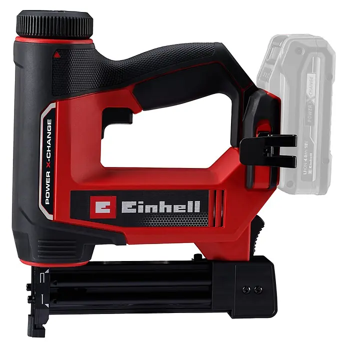 Einhell PXC 18V Akku-Nagler - 18 V, Ohne Akku, Länge Nagel: 15 mm - 32 mm - Rot-schwarzer Einhell Akku-Nagler/Tacker, angetrieben von einem 18V Akku (angedeutet).