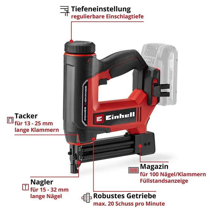 Einhell PXC 18V Akku-Nagler - 18 V, Ohne Akku, Länge Nagel: 15 mm - 32 mm - Roter und schwarzer Einhell Akku-Tacker/Nagler mit einstellbarer Tiefeneinstellung und Magazin für 100 Nägel/Klammern.