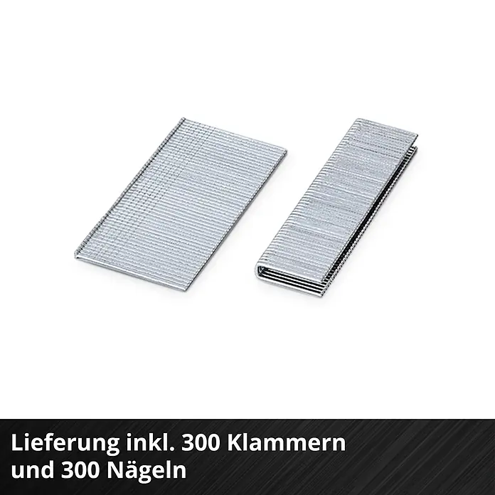Einhell PXC 18V Akku-Nagler - 18 V, Ohne Akku, Länge Nagel: 15 mm - 32 mm - Silberne Metallklammern und Nägel in Streifen für Tacker und Nagler, 300 Stück je Sorte.