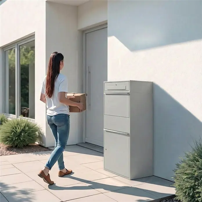 Metzler Paketbox XL BRFK BISPO MAX - L x B x H: 45,4 x 72 x 145 cm, Graualuminium, Stahl, Paketfach - Eine Frau nähert sich einem hohen, grauen Paketbriefkasten aus Metall neben einem Hauseingang, mit einem Paket.