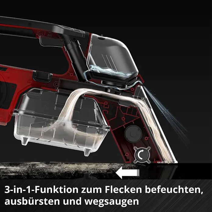 Einhell PXC 18V Akku-Waschsauger TE-SCL 18/200 Li-Solo - 18 V, Ohne Akku, Behältervolumen: 0,2 l - Roter und schwarzer 3-in-1-Fleckenreiniger befeuchtet, bürstet und saugt Schmutz von einer Oberfläche auf.