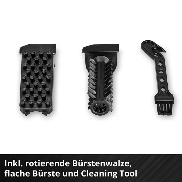 Einhell PXC 18V Akku-Waschsauger TE-SCL 18/200 Li-Solo - 18 V, Ohne Akku, Behältervolumen: 0,2 l - Drei schwarze Reinigungsaufsätze: eine flache Bürste, eine rotierende Bürstenwalze und ein kleines Reinigungsgerät.