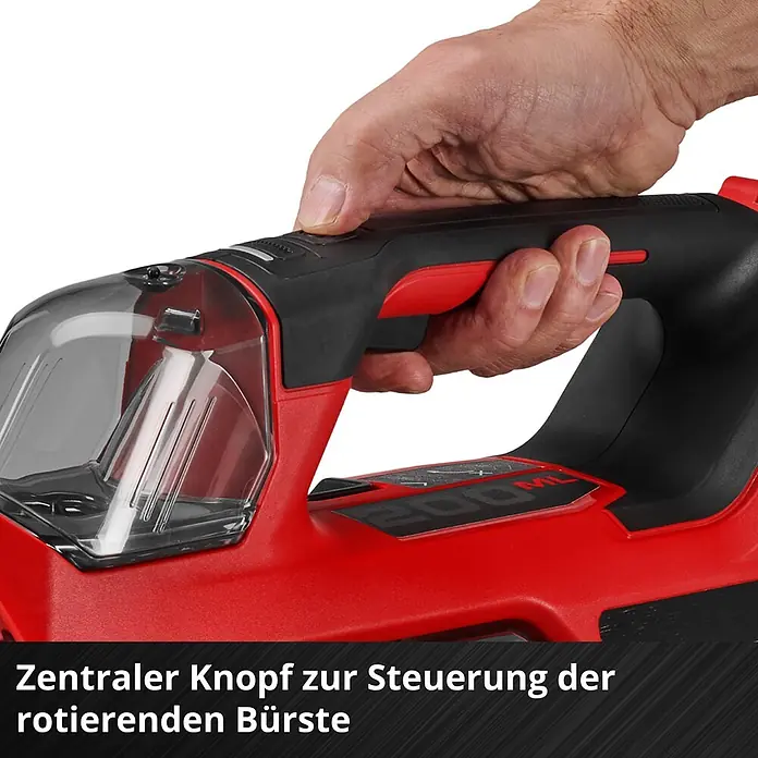 Einhell PXC 18V Akku-Waschsauger TE-SCL 18/200 Li-Solo - 18 V, Ohne Akku, Behältervolumen: 0,2 l - Eine Hand drückt den zentralen Knopf an einem rot-schwarzen Handreiniger mit transparenter Abdeckung für die rotierende Bürste.