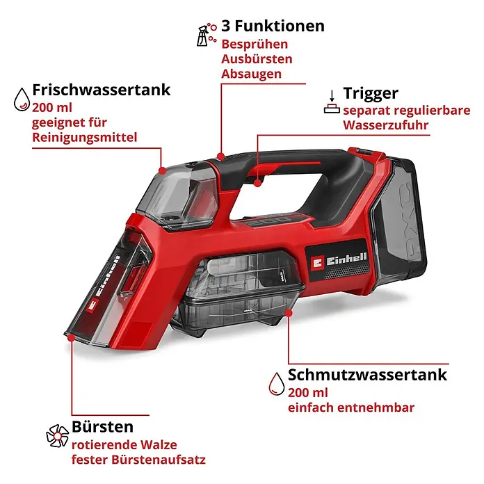 Einhell PXC 18V Akku-Waschsauger TE-SCL 18/200 Li-Solo - 18 V, Ohne Akku, Behältervolumen: 0,2 l - Rotes und schwarzes Handreinigungsgerät mit Frisch- und Schmutzwassertank, Bürsten und Trigger für Sprühen, Bürsten und Absaugen.