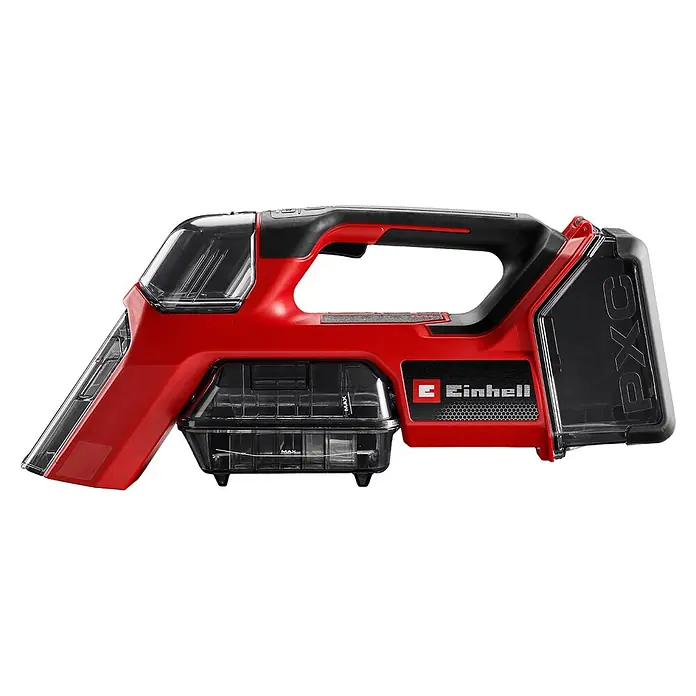 Einhell PXC 18V Akku-Waschsauger TE-SCL 18/200 Li-Solo - 18 V, Ohne Akku, Behältervolumen: 0,2 l - Roter und schwarzer Einhell Handfleckentferner mit transparenten Wassertanks und ergonomischem Griff.