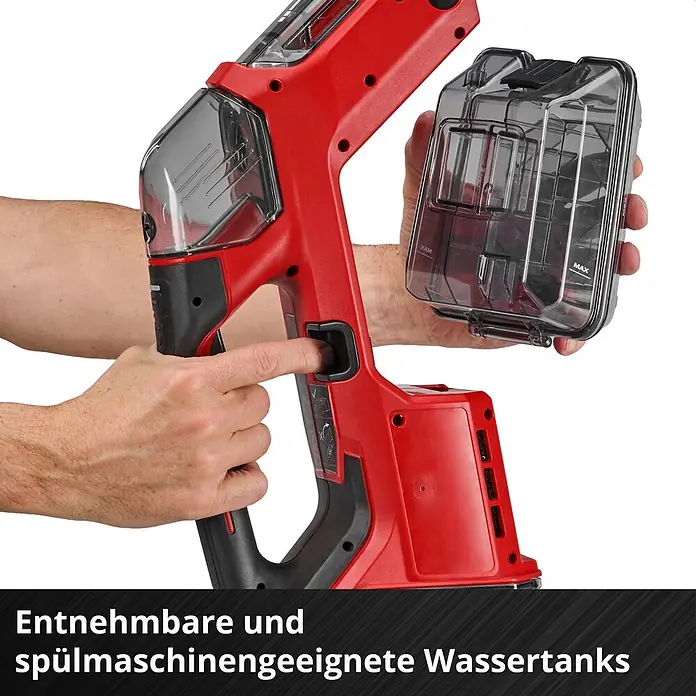 Einhell PXC 18V Akku-Waschsauger TE-SCL 18/200 Li-Solo - 18 V, Ohne Akku, Behältervolumen: 0,2 l - Hand entfernt transparenten Wassertank mit MAX-Fülllinie aus rotem Handreinigungsgerät.