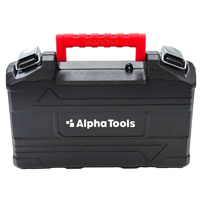 Alpha Tools Akkuschrauber - 3,6 V, 1 Akku, 2 Ah, 5 Nm - Schwarzer, strukturierter Werkzeugkoffer aus Kunststoff mit rotem Griff, silbernen Verschlüssen und 'AlphaTools'-Logo.