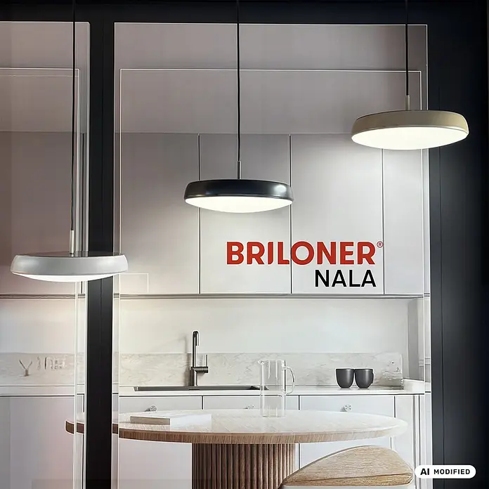 Brilo Lámpara colgante LED redonda Nala - 14,5 W, Ø x Al: 35 x 120 cm, Gris/Café, Blanco cálido - Modernas lámparas colgantes de disco en acabados oscuros y claros, iluminando una cocina contemporánea.