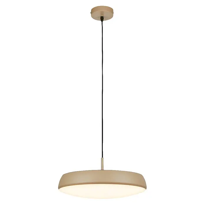 Brilo Lámpara colgante LED redonda Nala - 14,5 W, Ø x Al: 35 x 120 cm, Antracita/Macchiato, Blanco cálido - Lámpara colgante plana y redonda beige con cable negro y florón de techo a juego, iluminando desde abajo.