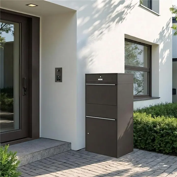 Metzler Paketbox XL BRFK MAX RE - L x B x H: 45,4 x 72 x 145 cm, Eisenglimmer, Stahl, Paketfach - Dunkelbrauner Metall-Paketbriefkasten vor einem modernen Hauseingang.