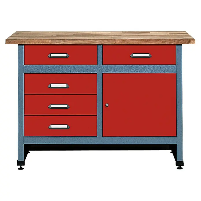 Küpper Werkbank - L x B: 60 x 120 cm, Arbeitshöhe: 84 cm, Belastbarkeit: 300 kg, Rot/Silbergrau, Anzahl Schubladen: 5 Stk. - Werkbank mit Holzplatte, roten Schubladen und Schrankfach mit blauem Rahmen. Ideal für Werkstatt und Hobbyraum zur Aufbewahrung von Werkzeugen.