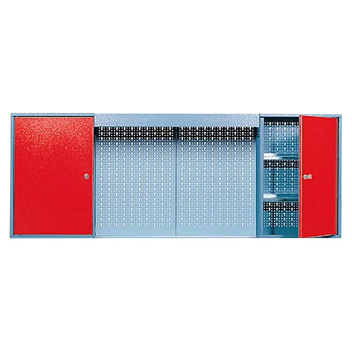 Küpper Armario colgante - L x An x Al: 20 x 160 x 60 cm, Número de puertas: 2 ud., Rojo/Gris plata - Armario de herramientas gris con puertas rojas, parcialmente abierto, que ofrece espacio para herramientas y accesorios en talleres.