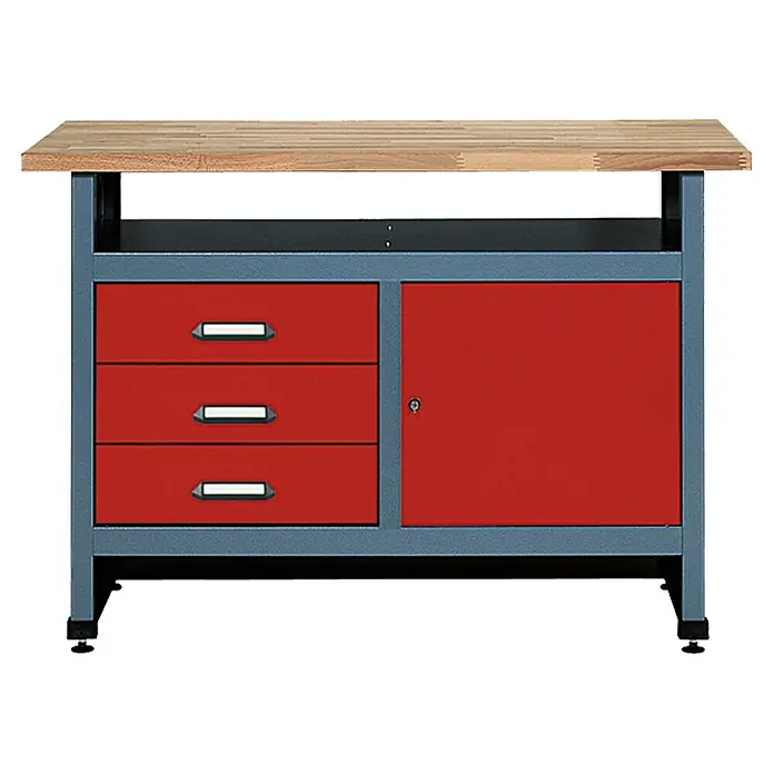 Küpper Juego de banco de trabajo + 3 paneles organizadores - Madera, 4 pzs. - En la imagen, un banco de trabajo con cajones y tablero de madera. Ideal para talleres, aporta orden y estabilidad para trabajos manuales.