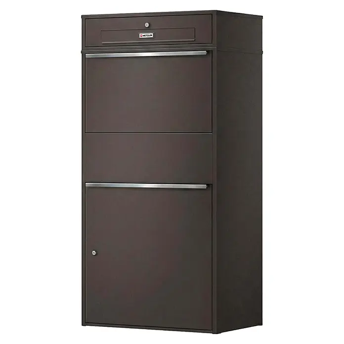 Metzler Paketbox XL BRFK MAX RE - L x B x H: 45,4 x 72 x 145 cm, Eisenglimmer, Stahl, Paketfach - Anthrazitfarbener Paketbriefkasten mit mehreren Fächern, Einwurfschlitz und silbernen Griffen.