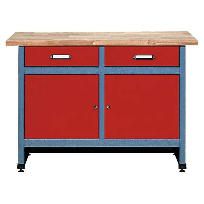 Küpper Juego de banco de trabajo + panel de herramientas - Madera, 2 pzs. - Banco de trabajo con cajones y compartimentos de armario en rojo y azul con encimera de madera.