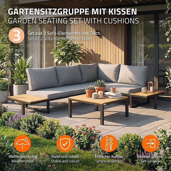 ML-Design Loungesofa - Stahl, Grau - Eine graue, gepolsterte Gartensitzgruppe mit Holzakzenttischen auf einer Terrasse, L-förmig angeordnet.