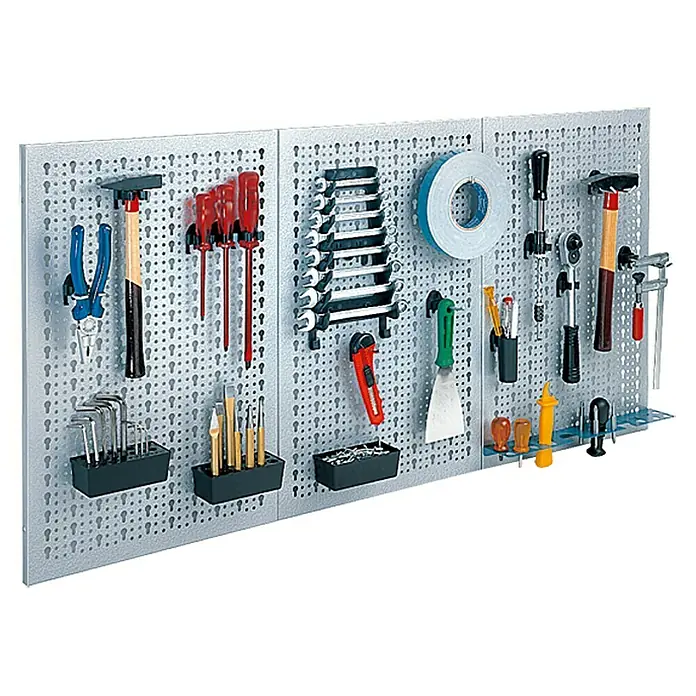 Küpper Juego de banco de trabajo + panel de herramientas - Madera, 2 pzs. - Panel portaherramientas con diversas herramientas. Las herramientas están ordenadas en un panel perforado. Ideal para taller y garaje.
