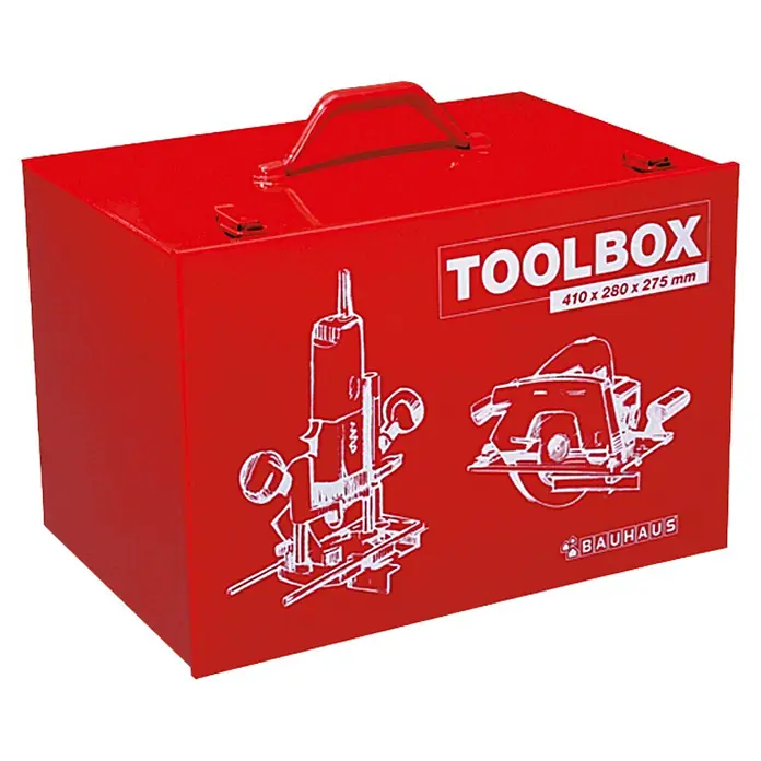 BAUHAUS Maschinenkoffer Toolbox - 41 x 28 x 27,5 cm, Geeignet für: Handkreissäge, Stahl - Rote Werkzeugkiste mit Tragegriff, weißer Werkzeugillustration und Bauhaus-Logo. Die Kiste ist robust und ideal für die Aufbewahrung.