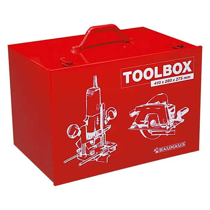 BAUHAUS Maschinenkoffer Toolbox - 41 x 28 x 27,5 cm, Geeignet für: Handkreissäge, Stahl - Rote Werkzeugkiste mit Tragegriff, weißer Werkzeugillustration und Bauhaus-Logo. Die Kiste ist robust und ideal für die Aufbewahrung.